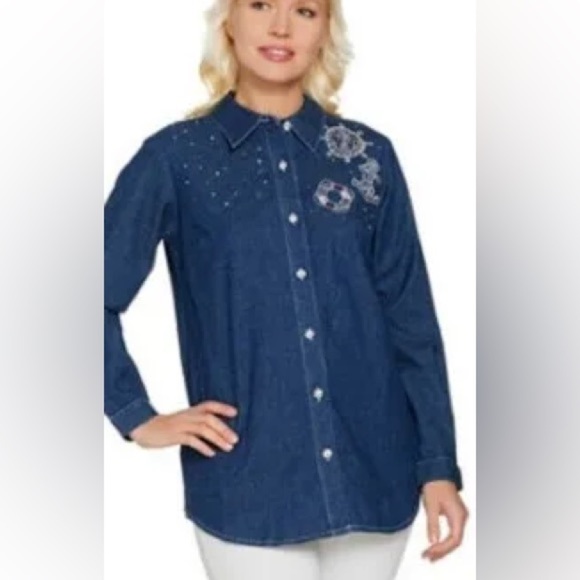 Quacker Factory Anchors Away Woven Shirt Sz. XL Denim Blue Cotton Stretch - Picture 9 of 9